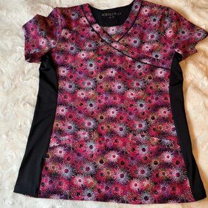 Scrubletics Burgundy Black Floral Scrub Top Ladies Size M 2 Pockets EUC